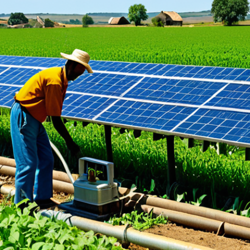 Home 14 **
A rural scene featuring a farmer in modest clothing using a solar-powered water pump to irrigate his field. The sky is bright blue, with the sun shining on the solar panels. In the background, there are green fields and a small village. Fully clothed, appropriate attire, safe for work, perfect anatomy, natural proportions, professional photography, high quality, family-friendly.
**