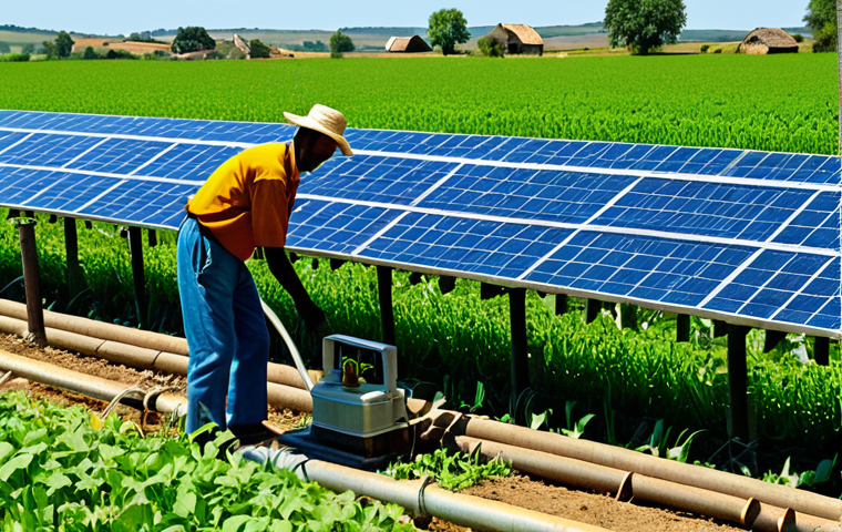 **
A rural scene featuring a farmer in modest clothing using a solar-powered water pump to irrigate his field. The sky is bright blue, with the sun shining on the solar panels. In the background, there are green fields and a small village. Fully clothed, appropriate attire, safe for work, perfect anatomy, natural proportions, professional photography, high quality, family-friendly.
**