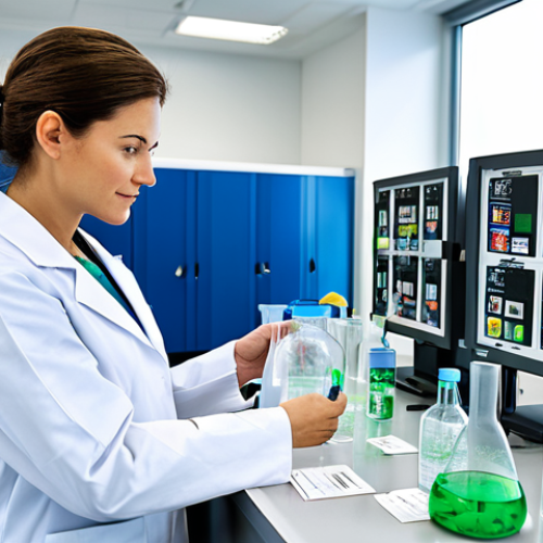 Home 9 **Prompt:** A professional female environmental scientist in a fully clothed, modest lab coat, analyzing recycled plastic samples in a bright, modern laboratory. Background includes recycling symbols and scientific equipment. Perfect anatomy, correct proportions, natural pose, well-formed hands, proper finger count, natural body proportions, safe for work, appropriate content, fully clothed, professional.