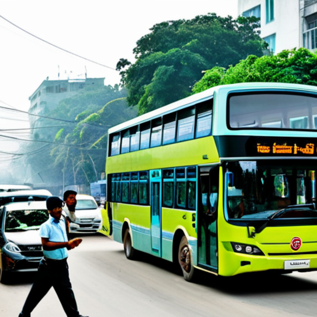 기후 변화와 환경공학의 역할 - **Prompt:** A bustling Dhaka street scene, but with visibly cleaner air due to modern filtration sys...
