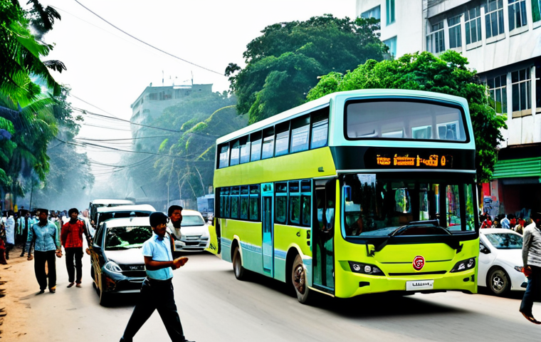 기후 변화와 환경공학의 역할 - **Prompt:** A bustling Dhaka street scene, but with visibly cleaner air due to modern filtration sys...