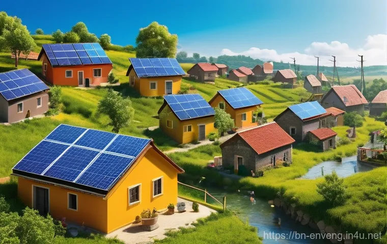 재생 가능 에너지 기술 - **Prompt for Solar Energy:**
    "A vibrant, panoramic view of a flourishing community under a brigh...