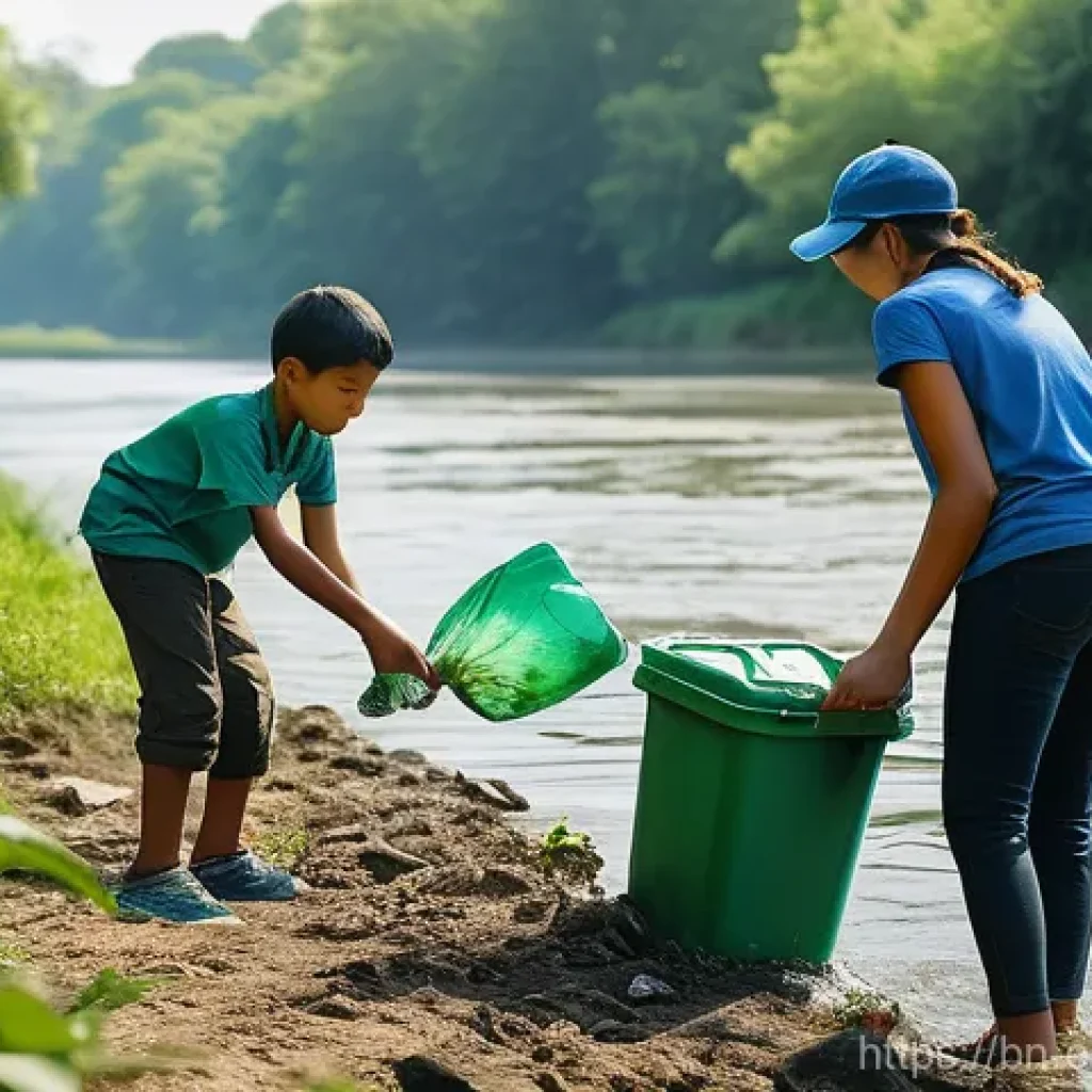 환경법 및 정책 - **Prompt:** A vibrant, natural river scene where a diverse group of community members, including adu...