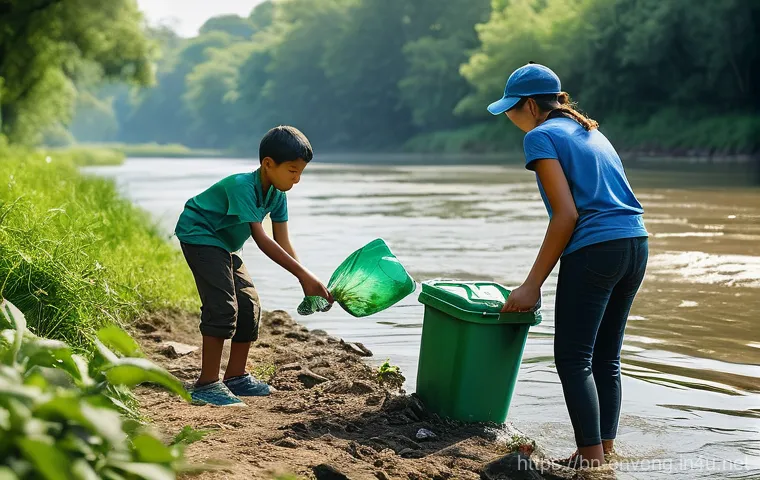 환경법 및 정책 - **Prompt:** A vibrant, natural river scene where a diverse group of community members, including adu...