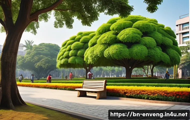 지속 가능한 도시 개발 - A vibrant urban park scene in a Bengali city during daylight, showcasing lush green spaces with dive...