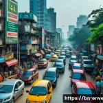 Home 22 지속 가능한 교통 시스템 - A bustling Dhaka city street scene featuring a smart traffic management