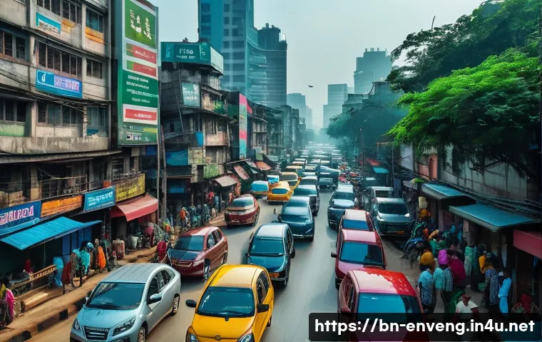 지속 가능한 교통 시스템 - A bustling Dhaka city street scene featuring a smart traffic management