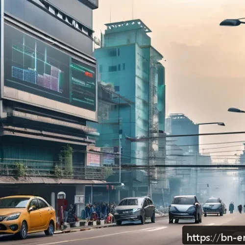 Home 33 대기오염 측정 기술 - A modern cityscape scene during daytime featuring multiple smart air quality sensors installed on st...
