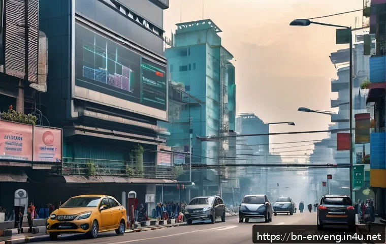 대기오염 측정 기술 - A modern cityscape scene during daytime featuring multiple smart air quality sensors installed on st...