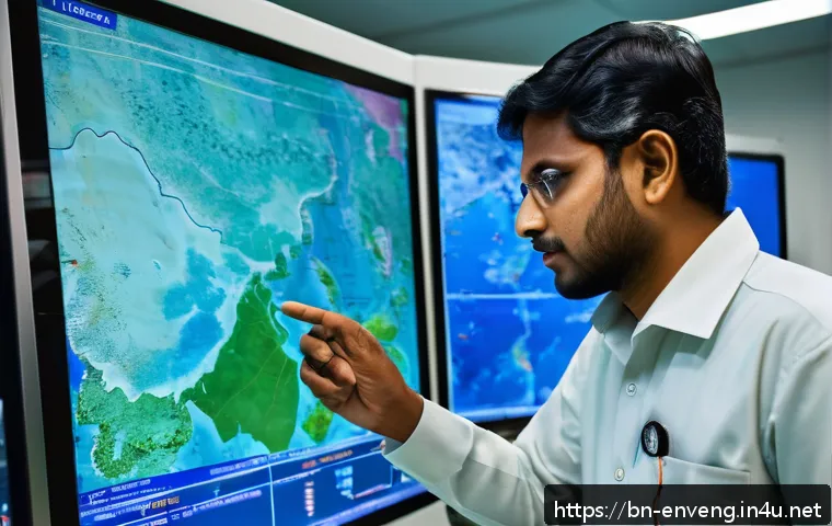 환경공학 전공 필수 과목 - An environmental engineer in traditional Bengali attire, carefully examining satellite images and se...