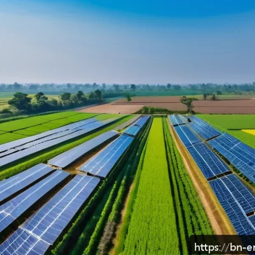 Home 17 환경공학 연구소 - A detailed aerial view of a sustainable smart agriculture farm in Bangladesh, showcasing solar panel...