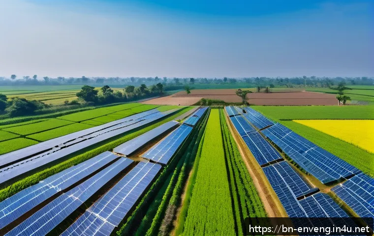 환경공학 연구소 - A detailed aerial view of a sustainable smart agriculture farm in Bangladesh, showcasing solar panel...