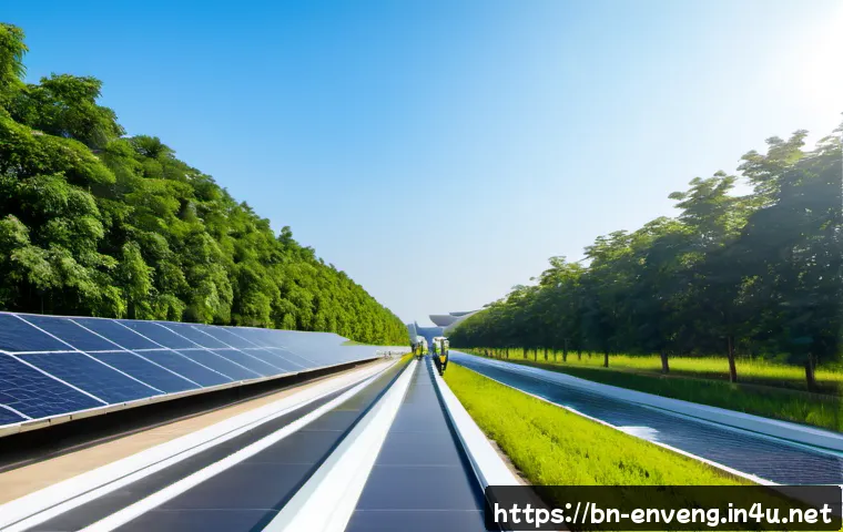 온실가스 배출 저감 - Photorealistic wide-angle view of a modern solar-powered factory beside lush green trees, rooftop so...
